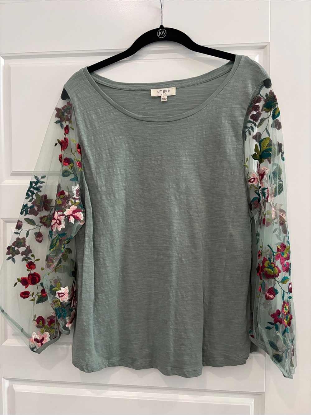 Umgee Sage Green Top with Embroidered Floral Mesh Sleeves